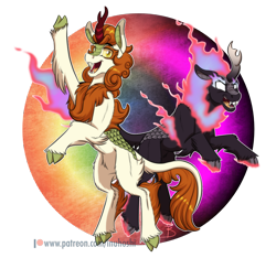 Size: 1314x1230 | Tagged: safe, artist:inuhoshi-to-darkpen, imported from derpibooru, autumn blaze, kirin, nirik, sounds of silence, blank eyes, cloven hooves, fangs, female, mane of fire, my little pony, open mouth, rearing, simple background, transparent background