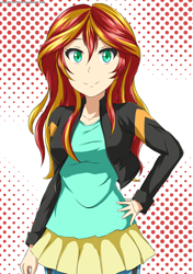 Size: 1748x2480 | Tagged: safe, artist:achaoticdotstar, imported from derpibooru, sunset shimmer, human, equestria girls, clothes, female, human coloration, jacket, leather, leather jacket, looking at you, solo