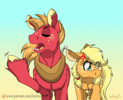 Size: 2217x1810 | Tagged: safe, artist:inuhoshi-to-darkpen, imported from derpibooru, applejack, big macintosh, earth pony, pony, where the apple lies, chest fluff, cross-popping veins, ear fluff, emanata, eyes closed, female, fluffy, freckles, male, mare, my little pony, open mouth, patreon, patreon logo, raised hoof, stallion, teenage applejack, teenage big macintosh, teenager, unshorn fetlocks