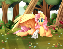 Size: 1024x805 | Tagged: safe, artist:calamity-studios, imported from derpibooru, angel bunny, fluttershy, pegasus, pony, rabbit, animal, crepuscular rays, cute, duo, female, flower, forest, grass, mare, nature, shyabetes, smiling, spread wings, tree, wings