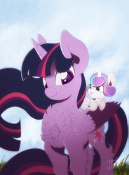 Size: 1475x2000 | Tagged: safe, artist:hagalazka, imported from derpibooru, princess flurry heart, twilight sparkle, alicorn, pony, :3, :p, aunt and niece, auntie twilight, baby, baby pony, chest fluff, colored pupils, colored wings, colored wingtips, cute, duo, female, filly, fluffy, flurry heart riding twilight, flurrybetes, foal, leaning, leg fluff, mare, multicolored wings, neck fluff, ponies riding ponies, riding, riding a pony, silly, smiling, tongue out, twilight sparkle (alicorn), wing fluff, wings