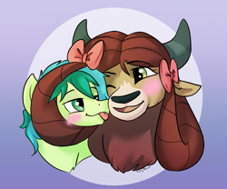 Size: 1024x851 | Tagged: safe, artist:paisleyperson, imported from derpibooru, sandbar, yona, earth pony, pony, yak, :p, blushing, bust, cheek squish, cute, female, interspecies, male, monkey swings, portrait, sandabetes, shipping, signature, simple background, squishy cheeks, stallion, straight, tongue out, yonabar, yonadorable