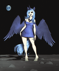 Size: 1000x1200 | Tagged: safe, anonymous artist, imported from derpibooru, princess luna, human, loony luna, alicorn humanization, black sclera, cutie mark, earth, empty eyes, horn, horned humanization, humanized, moon, moonscape, smiling, solo, winged humanization, wings, woman