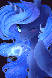 Size: 2000x3000 | Tagged: safe, artist:baldmoose, imported from derpibooru, princess luna, alicorn, pony, female, heart, looking at you, magic, mare, missing accessory, one eye closed, solo, wink