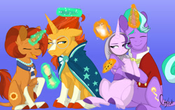 Size: 3080x1947 | Tagged: safe, artist:colourstrike, imported from derpibooru, firelight, starlight glimmer, stellar flare, sunburst, pony, unicorn, the parent map, clothes, coat markings, comb, combing hair, combing mane, cookie, father and child, father and daughter, fathers gonna father, female, food, glowing, glowing horn, headscarf, horn, hug, magic, male, mare, milk, mother and child, mother and son, mothers gonna mother, my little pony, scarf, smiling, socks (coat markings), stallion, starlight glimmer is not amused, sunburst is not amused, telekinesis, unamused