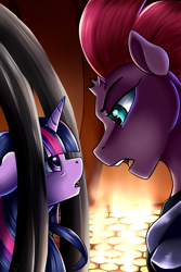 Size: 2000x3000 | Tagged: safe, artist:crecious, imported from derpibooru, tempest shadow, twilight sparkle, alicorn, pony, unicorn, my little pony: the movie, broken horn, cage, duo, female, horn, looking at each other, looking at someone, mare, open mouth, open up your eyes, scene interpretation, twilight sparkle (alicorn)