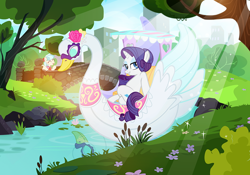 Size: 1200x840 | Tagged: safe, artist:pixelkitties, imported from derpibooru, coco pommel, rarity, earth pony, pony, unicorn, the gift of the maud pie, corral park, female, horn, manehattan, mare, my little pony, solo focus, swan boat, that was fast