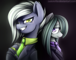 Size: 1300x1024 | Tagged: safe, artist:jadekettu, imported from derpibooru, limestone pie, marble pie, earth pony, pony, bracelet, clothes, duo, female, gangster, grin, jewelry, mafia, mare, necktie, scar, smiling, suit