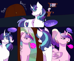 Size: 3150x2607 | Tagged: safe, artist:earth.loser, imported from derpibooru, princess cadance, shining armor, comic:friendship is pointless, bust, canterlot, door, flower vase, portrait, speech bubble, young cadance