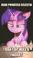 Size: 1252x2222 | Tagged: safe, alternate version, artist:sigilponies, edit, imported from derpibooru, twilight sparkle, unicorn, candle, dear princess celestia, faggot, horn, letter, slur, vulgar