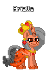 Size: 224x336 | Tagged: safe, artist:princess ice color twinkle, imported from derpibooru, oc, alicorn, merpony, pony, pony town, alicorn oc, bat wings, brown eyes, clothes, clothes dots, eyelashes, frackles, gold crown, gray mane, gray tail, hairs of tail, horn, horn lines, jewelry, kirin horn, necklace, orange clothes, orange shoe's, pony town oc, salmon body, simple background, smiling, star ear accessory, text, waistband, wings