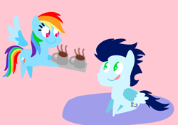 Size: 3553x2499 | Tagged: safe, anonymous artist, derpibooru exclusive, imported from derpibooru, rainbow dash, soarin', pegasus, pony, series:soarindash hearth's warming, series:soarindash romantic tales, chocolate, christmas, female, flying, food, hearth's warming, holiday, hot chocolate, male, mare, pointy ponies, shipping, smiling, soarindash, stallion, straight