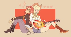 Size: 2048x1076 | Tagged: safe, artist:amazingpuffhair, imported from derpibooru, applejack, sunset shimmer, human, equestria girls, bass guitar, commission, duo, duo female, female, musical instrument, passepartout, sitting