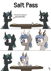 Size: 3840x5310 | Tagged: safe, artist:japkozjad, imported from derpibooru, oc, unnamed oc, changeling, deer, 3 panel comic, changeling oc, comic, deer oc, food, non-pony oc, pun, salt shaker, simple background, table, visual pun