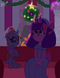 Size: 1550x2000 | Tagged: safe, artist:lnx1ynight16, imported from derpibooru, ocellus, oc, oc:lnx1y, changedling, changeling, original species, bow, choker, christmas, christmas lights, clothes, distracted, dress, fire, fireplace, headband, hearth's warming, holiday, land overlander, lights, looking at someone, looking up, lounge, overlander, party, school of friendship, smiling