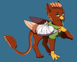 Size: 1500x1212 | Tagged: safe, artist:talimingi, imported from derpibooru, oc, oc only, oc:pearl diver, griffon, bandage, bandaged wing, blue background, clothes, commission, griffon oc, hoodie, male, signature, simple background, solo, wings