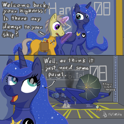 Size: 1600x1600 | Tagged: safe, artist:darkdabula, imported from derpibooru, princess luna, damaged, elite dangerous, hangar, spaceship, thargoid