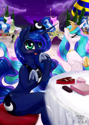 Size: 2075x2890 | Tagged: safe, artist:f-nar, imported from derpibooru, princess celestia, princess luna, alicorn, pony, semi-anthro, anatomically incorrect, banner, bipedal, blue mane, blue tail, blushing, canterlot, chocolate, chocoluna, concave belly, crown, cute, duo, ethereal mane, ethereal tail, female, flowing mane, flowing tail, folded wings, food, hearts and hooves day, holiday, hoof shoes, incorrect leg anatomy, jealous, jewelry, luna loves chocolate, lunabetes, mare, night, open mouth, open smile, peytral, princess shoes, regalia, sitting, slender, smiling, tail, that pony sure does love chocolate, thin, valentine, valentine's day, wings