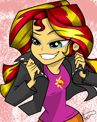 Size: 2188x2742 | Tagged: safe, artist:alligatorgummy, artist:lunchie, imported from derpibooru, sunset shimmer, human, equestria girls, abstract background, clothes, credits, eyebrows, eyebrows visible through hair, female, grin, jacket, leather, leather jacket, my little pony equestria girls: rainbow rocks, shine like rainbows, skirt, smiling, smirk, solo, teeth