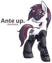 Size: 1645x2000 | Tagged: safe, artist:inlucidreverie, imported from derpibooru, oc, oc only, oc:blackjack, cyborg, pony, unicorn, fallout equestria, fallout equestria: project horizons, amputee, deal with it, fanfic art, female, horn, level 2 (project horizons), mare, prosthetic limb, prosthetics, simple background, small horn, solo, sunglasses, transparent background