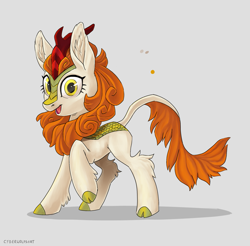 Size: 1909x1875 | Tagged: safe, artist:decepticoncyberwolf, imported from derpibooru, autumn blaze, kirin, ear fluff, female, gray background, leg fluff, looking at you, open mouth, simple background, solo