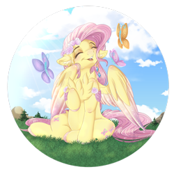 Size: 2447x2451 | Tagged: safe, artist:pvrii, imported from derpibooru, fluttershy, butterfly, pegasus, pony, both cutie marks, chest fluff, cloud, colored hooves, colored wings, colored wingtips, crepuscular rays, cute, ear fluff, eyes closed, female, floppy ears, grass, happy, hooves, mare, open mouth, outdoors, raised hoof, shyabetes, simple background, sitting, sky, smiling, solo, spread wings, transparent background, wings