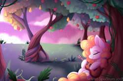 Size: 2205x1444 | Tagged: safe, artist:scarlet-spectrum, imported from derpibooru, pear butter, earth pony, pony, the perfect pear, acoustic guitar, apple, apple tree, cloud, eyes closed, female, food, guitar, intertwined trees, mare, musical instrument, my little pony, night, pear, pear tree, smiling, solo, stars, tree