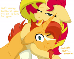 Size: 2752x2179 | Tagged: safe, artist:colourstrike, imported from derpibooru, sunburst, sunset shimmer, pony, unicorn, brother and sister, duo, female, headcanon, horn, hug, male, mare, siblings, simple background, stallion, sunny siblings, white background