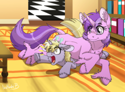 Size: 1700x1250 | Tagged: safe, artist:inuhoshi-to-darkpen, imported from derpibooru, amethyst star, dinky hooves, sparkler, pony, unicorn, fanfic:the new life of a winning pony, winningverse, bookshelf, carpet, cute, dinkabetes, dock, duo, duo female, eye clipping through hair, fanfic art, female, filly, fluffy, foal, horn, house, lying down, mare, open mouth, prone, sibling rivalry, sibling teasing, siblings, signature, sisters, smiling, sports, tail, underhoof, unshorn fetlocks, wrestling