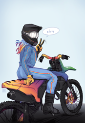 Size: 1256x1800 | Tagged: safe, artist:chimchiri, imported from derpibooru, rainbow dash, human, female, helmet, humanized, looking at you, looking back, looking back at you, motorcycle, motorcycle helmet, peace sign, pictogram, solo, speech bubble