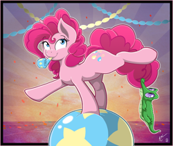 Size: 1980x1673 | Tagged: safe, artist:crimson-mane, artist:joey darkmeat, imported from derpibooru, gummy, pinkie pie, alligator, earth pony, pony, balancing, ball, confetti, duo, female, male, mare, party horn, signature