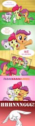 Size: 1908x6722 | Tagged: safe, artist:doublewbrothers, imported from derpibooru, angel bunny, apple bloom, scootaloo, sweetie belle, earth pony, pegasus, pony, unicorn, comic, cute, cutie mark crusaders, dialogue, female, filly, foal, hnnng, horn, hug, male, mirror, weapons-grade cute