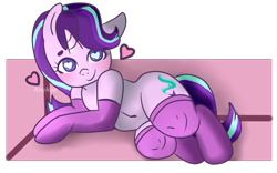 Size: 2248x1404 | Tagged: safe, artist:anykoe, imported from derpibooru, starlight glimmer, semi-anthro, unicorn, arm hooves, clothes, colored pupils, cute, female, glimmerbetes, heart, heart eyes, horn, human shoulders, looking at you, lying down, mare, socks, solo, thigh highs, wingding eyes