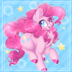 Size: 2449x2449 | Tagged: safe, artist:pvrii, imported from derpibooru, pinkie pie, earth pony, pony, chest fluff, colored hooves, cute, diapinkes, ear fluff, female, happy, hooves, leg fluff, open mouth, solo, stars