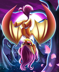 Size: 2400x2900 | Tagged: safe, artist:kaleido-art, imported from derpibooru, fluttershy, bat pony, pony, bat ponified, fangs, female, flutterbat, full moon, looking at you, mare, moon, petals, prehensile tail, race swap, scenery, solo, tail, underhoof, upside down