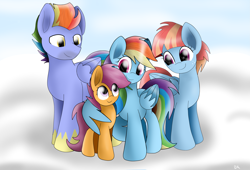 Size: 2969x2019 | Tagged: safe, artist:enviaart, imported from derpibooru, bow hothoof, rainbow dash, scootaloo, windy whistles, pegasus, pony, cloud, cute, family, father, father and child, father and daughter, female, filly, foal, happy, hug, male, mare, missing accessory, mother, mother and child, mother and daughter, offspring, parent:bow hothoof, parent:windy whistles, parents:windyhoof, scootadoption, scootalove, siblings, sisters, stallion, winghug, wings