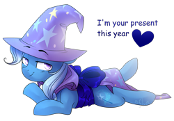 Size: 2549x1777 | Tagged: safe, artist:starlyfly, imported from derpibooru, trixie, pony, unicorn, bow, cape, clothes, colored pupils, cute, diatrixes, female, gift wrapped, hat, horn, lidded eyes, lying down, mare, prone, simple background, solo, transparent background, trixie's cape, trixie's hat