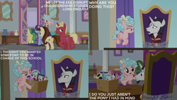 Size: 2000x1125 | Tagged: safe, edit, edited screencap, editor:quoterific, imported from derpibooru, screencap, chancellor neighsay, cozy glow, november rain, school raze, chains, friendship student, my little pony, school of friendship, twilight's office