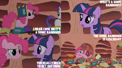 Size: 2000x1125 | Tagged: safe, edit, edited screencap, editor:quoterific, imported from derpibooru, screencap, pinkie pie, rarity, twilight sparkle, unicorn, sonic rainboom (episode), book, golden oaks library, my little pony, scroll, unicorn twilight