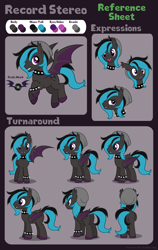 Size: 1752x2772 | Tagged: safe, artist:sunbusting, imported from derpibooru, oc, oc:record stereo, bat pony, bat pony oc, bat wings, beanie, bracelet, choker, cutie mark, fangs, hat, jewelry, reference sheet, spiked choker, wings