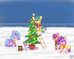 Size: 1080x856 | Tagged: safe, artist:heart k art, imported from derpibooru, hitch trailblazer, izzy moonbow, pipp petals, sunny starscout, zipp storm, earth pony, pegasus, pony, spider, unicorn, series:heart k art g5 advent calendar, advent calendar, bauble, christmas, christmas lights, christmas tree, clothes, decorating, decoration, female, g5, garland, holiday, horn, ladder, male, mane five, mare, maretime bay, night, night sky, outdoors, prank, railing, scarf, sky, snow, stallion, stars, tree, winter, winter outfit