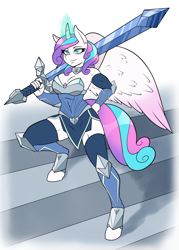 Size: 1500x2100 | Tagged: safe, artist:ambris, imported from derpibooru, princess flurry heart, alicorn, anthro, unguligrade anthro, armor, armpits, bare shoulders, biceps, big breasts, blushing, boots, bracer, breasts, busty princess flurry heart, cleavage, clothes, commission, confident, curved horn, ear piercing, fantasy class, female, greatsword, heart, hooves, horn, jewelry, muscles, muscular female, necklace, older, older flurry heart, piercing, pose, shoes, shoulderless, solo, stairs, stupid sexy princess flurry heart, sword, thigh boots, thighs, tight clothing, unconvincing armor, warrior, warrior flurry heart, weapon, zettai ryouiki