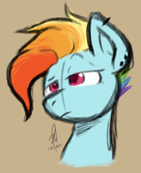 Size: 730x896 | Tagged: safe, artist:hopefulsparks, imported from derpibooru, rainbow dash, alternate hairstyle, bust, ear piercing, female, lesbian, mugshot, piercing, raw sex appeal, short hair, signature, simple background, sketch