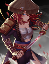 Size: 3150x4150 | Tagged: safe, artist:tzc, imported from derpibooru, sunset shimmer, equestria girls, anime, breasts, female, ghost of tsushima, katana, samurai, sword, weapon