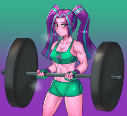 Size: 2200x2000 | Tagged: safe, artist:tzc, imported from derpibooru, part of a set, aria blaze, human, equestria girls, anime, aria brute, biceps, bodybuilder, breasts, clothes, commission, female, fingerless gloves, gloves, midriff, muscles, pigtails, shorts, solo, sports bra, sports shorts, sweat, twintails, weight lifting, weights, workout, workout outfit