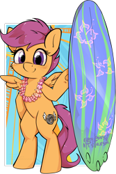 Size: 2000x2987 | Tagged: safe, artist:earth-pony, artist:midnightpremiere, artist:taurson, imported from derpibooru, scootaloo, pegasus, pony, alternate cutie mark, bipedal, cute, cutealoo, female, filly, foal, lei, smiling, solo, surfboard