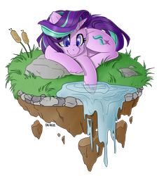 Size: 2997x3300 | Tagged: safe, artist:sk-ree, imported from derpibooru, starlight glimmer, pony, unicorn, cute, dirt cube, female, floating island, glimmerbetes, horn, lying down, mare, prone, simple background, smiling, solo, transparent background, unshorn fetlocks, water