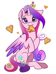 Size: 1128x1491 | Tagged: safe, artist:lailyren, imported from derpibooru, princess cadance, alicorn, pony, :3, blushing, cute, cutedance, digital art, female, food, heart, looking at you, mare, one ear down, signature, simple background, smiling, solo, transparent background, waffle