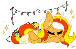 Size: 1600x1037 | Tagged: safe, artist:princessmoonsilver, imported from derpibooru, oc, oc:figgment, alicorn, bat pony, bat pony alicorn, pony, bat wings, christmas, christmas lights, female, holiday, horn, mare, simple background, sleeping, solo, transparent background, wings