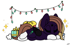 Size: 1600x1037 | Tagged: safe, artist:princessmoonsilver, imported from derpibooru, oc, oc:nega, pegasus, pony, christmas, christmas lights, female, holiday, mare, simple background, sleeping, solo, transparent background